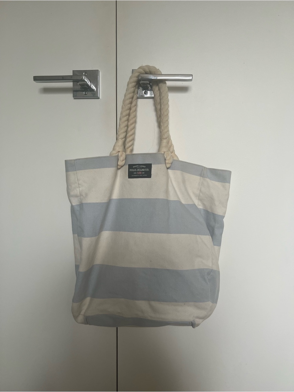 Ralph Lauren Polo Jeans White & Light Blue Striped Canvas Tote